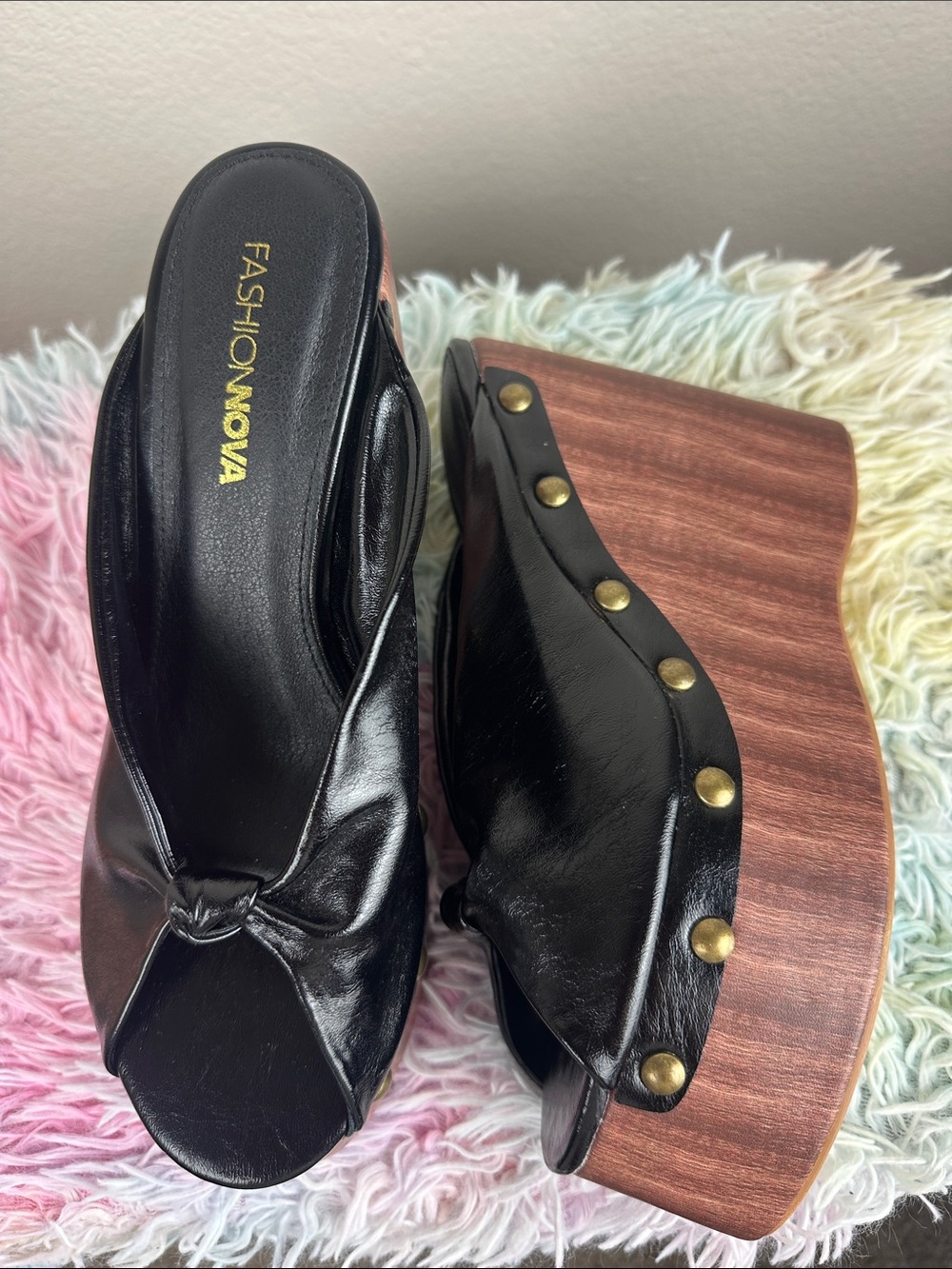 Fashion Nova Wooden Wedge Bow Look Heels 8.5